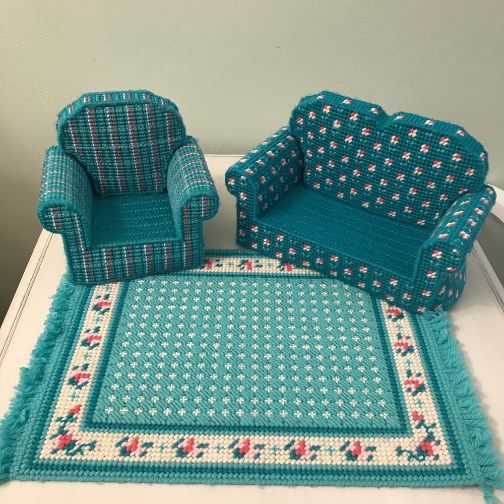 Vintage Hand Made Plastic Needlepoint Doll living room furniture